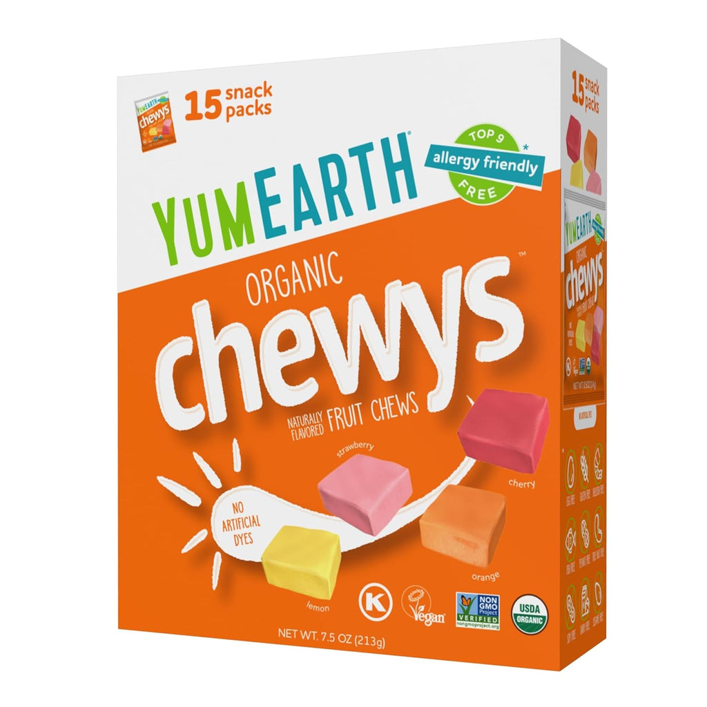 YumEarth Organic Chewys Fruit Flavored Candy Chews - Allergy Friendly, Gluten Free, Non-GMO, Vegan, No Artificial Dyes - Assorted Flavors, 7.5 oz.