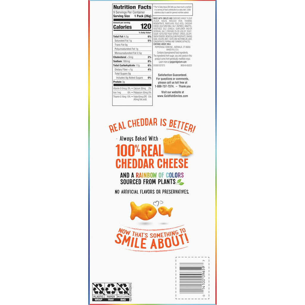 Goldfish Colors Cheddar Crackers, Snack Pack, 0.9 oz, 9 CT Multi-Pack Tray