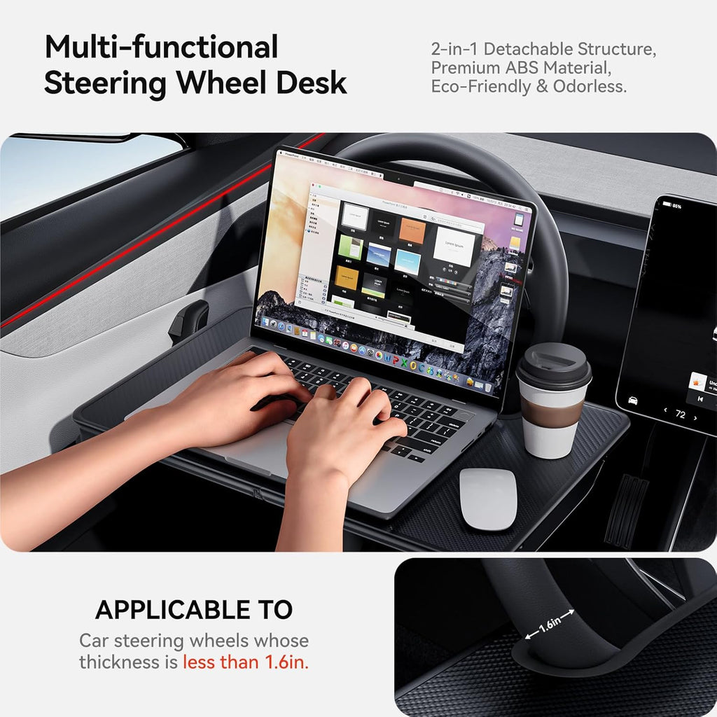 YONZEE 2-in-1 Car Steering Wheel Desk Tray & Car Seat Gap Filler Organizer – Foldable Carbon Fiber Look Table for Laptop, Eating Food, Writing – Multipurpose Travel Car Accessories