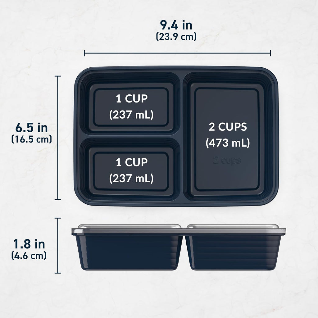 Bentgo Prep - 20-Piece 3-Compartment Reusable Meal Prep Containers with Lids, PFAS & BPA Free Materials, Durable, Microwave, Freezer, & Dishwasher Safe To Go Food Storage (Navy Blue)