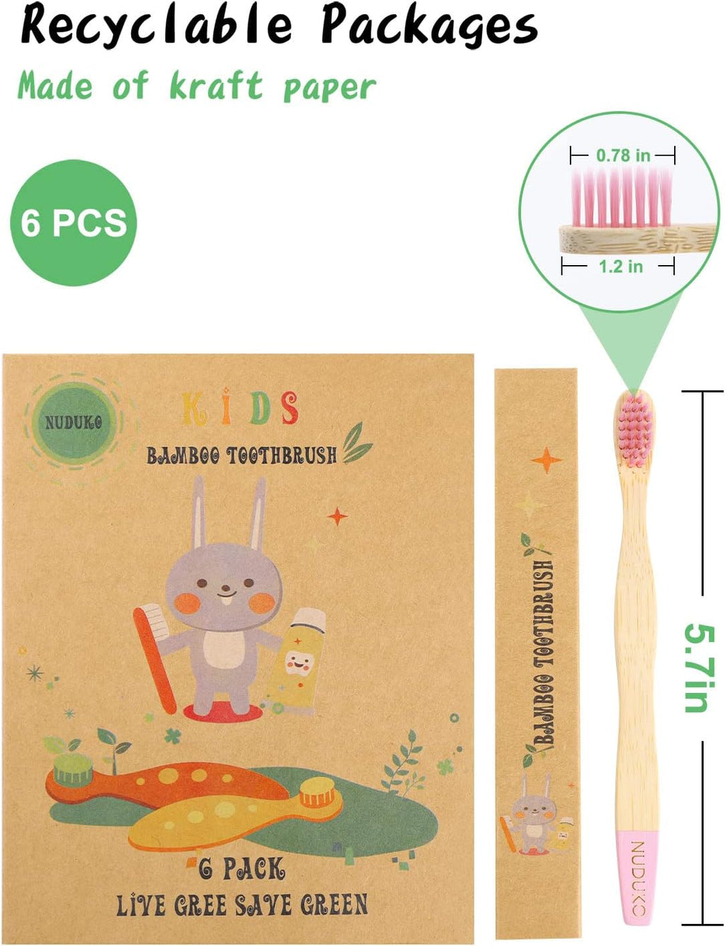 Kids Toothbrush Bamboo Toothbrushes 6 Pack - Organic Compostable Tooth Brush Wooden Baby Toddler Toothbrush, Eco-Friendly Natural Biodegradable Soft Bristle Toothbrush for Children