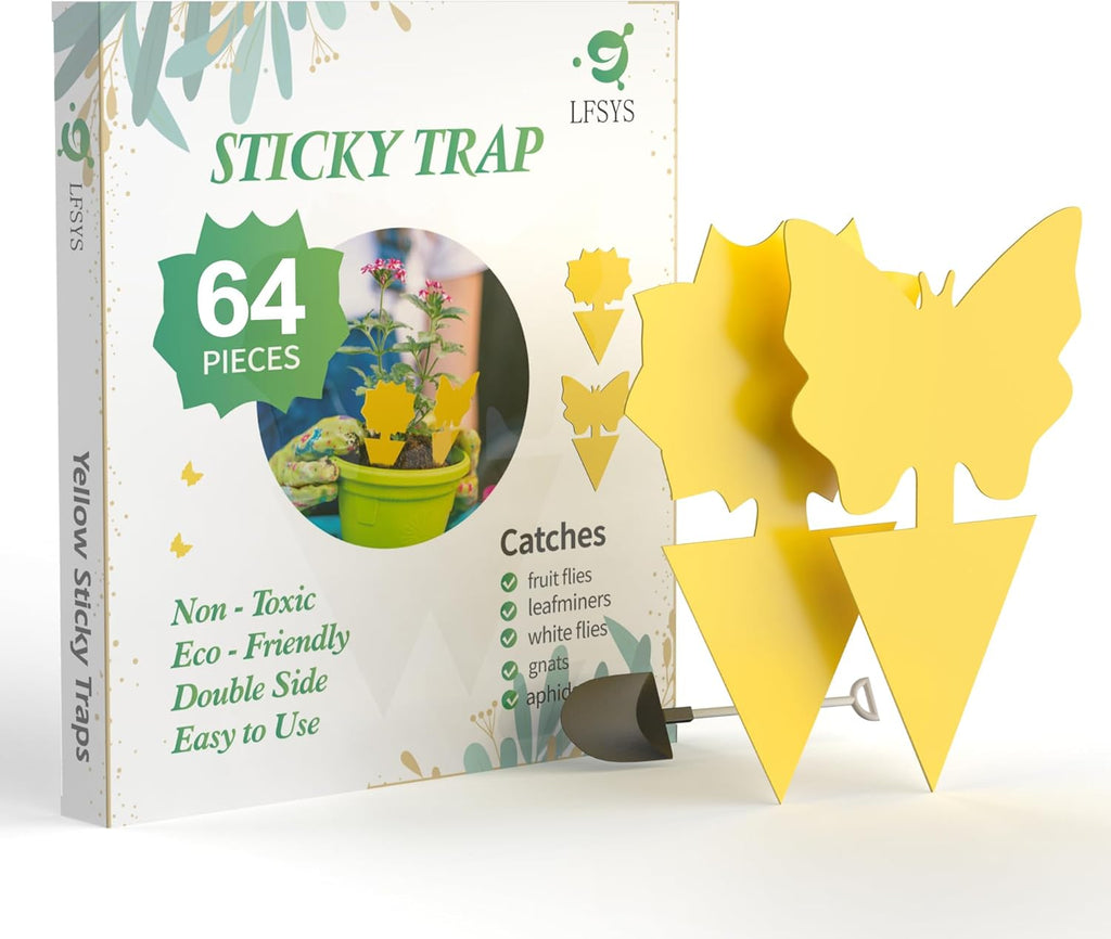 64 Pcs Sticky Trapz for gnat, Yellow Stick Traps for Plants, Fungus gnat Traps Double Side with Shovel, Indoor Safe for Gnat, Fruit Fly, White Fly, Aphid, Leaf Miner