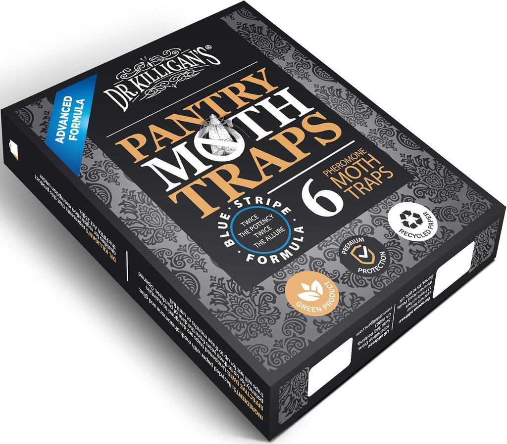 Dr. Killigan's Premium Double Potent Pantry Moth Traps with Pheromones Prime, Sticky Indian Meal Moth Traps for Kitchen, How to Get Rid of Moths in House (6 Pack, Black)