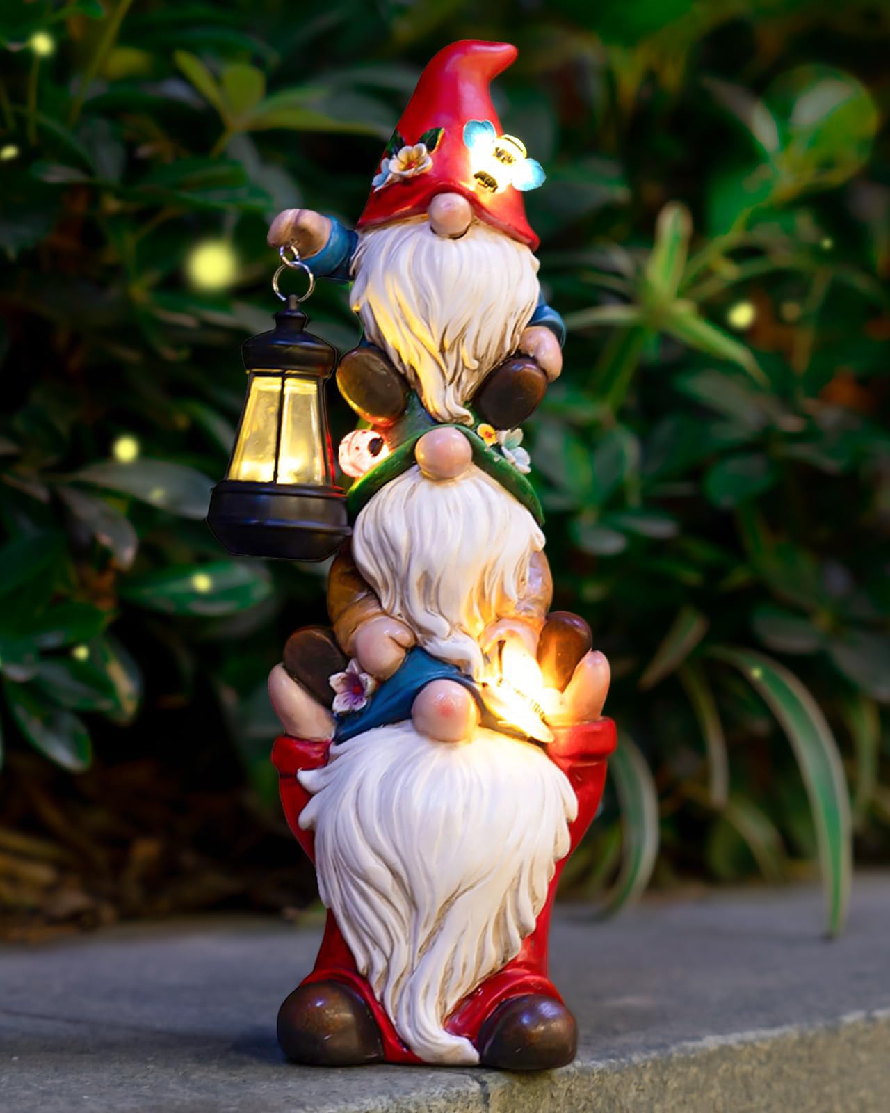 twinbling 12 in Garden Gnome Statue with Solar Lights Birthday Gift for Mom Woman Grandma Garden Sculptures Funny Triple Gnome Outdoor Patio Lawn Yard Balcony Home Decor