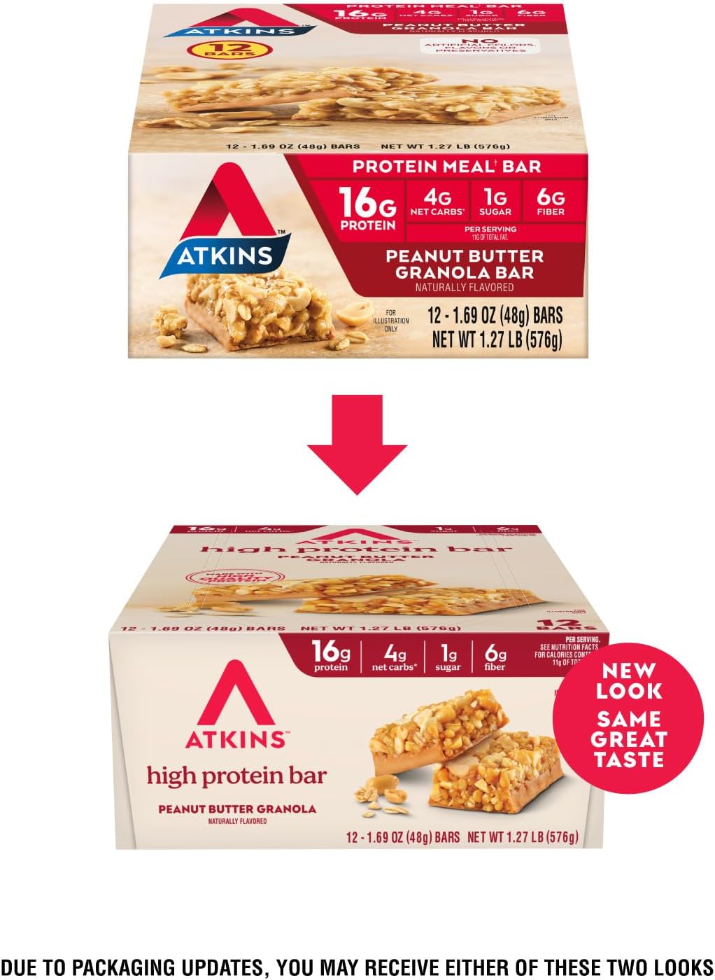 Atkins Peanut Butter Granola High Protein Bar, High Fiber Snack , 16g Protein, 1g Sugar, 4g Net Carb, Protein Snack, 12 Count