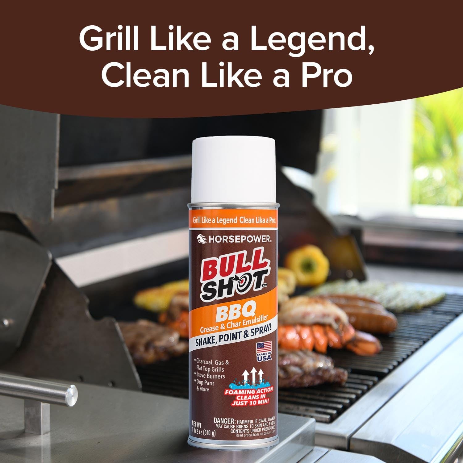 Bull Shot BBQ, Foaming Grill Cleaner, AS SEEN ON TV, Professional Strength Foam Spray Emulsifies Burnt Grease & Char on Grates, Racks, Pans, Smokers & Griddles Cleans in Just 10 Min - Made in the USA