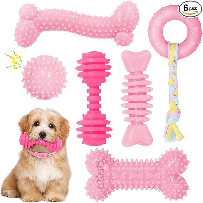 Puppy Toys, 6 Pack Dog Chew Toys for Puppy, Cute Pink Small Dog Toys, Puppy Teething Toys for Puppies, Soft Durable Interactive Chew Toy for Small Dogs