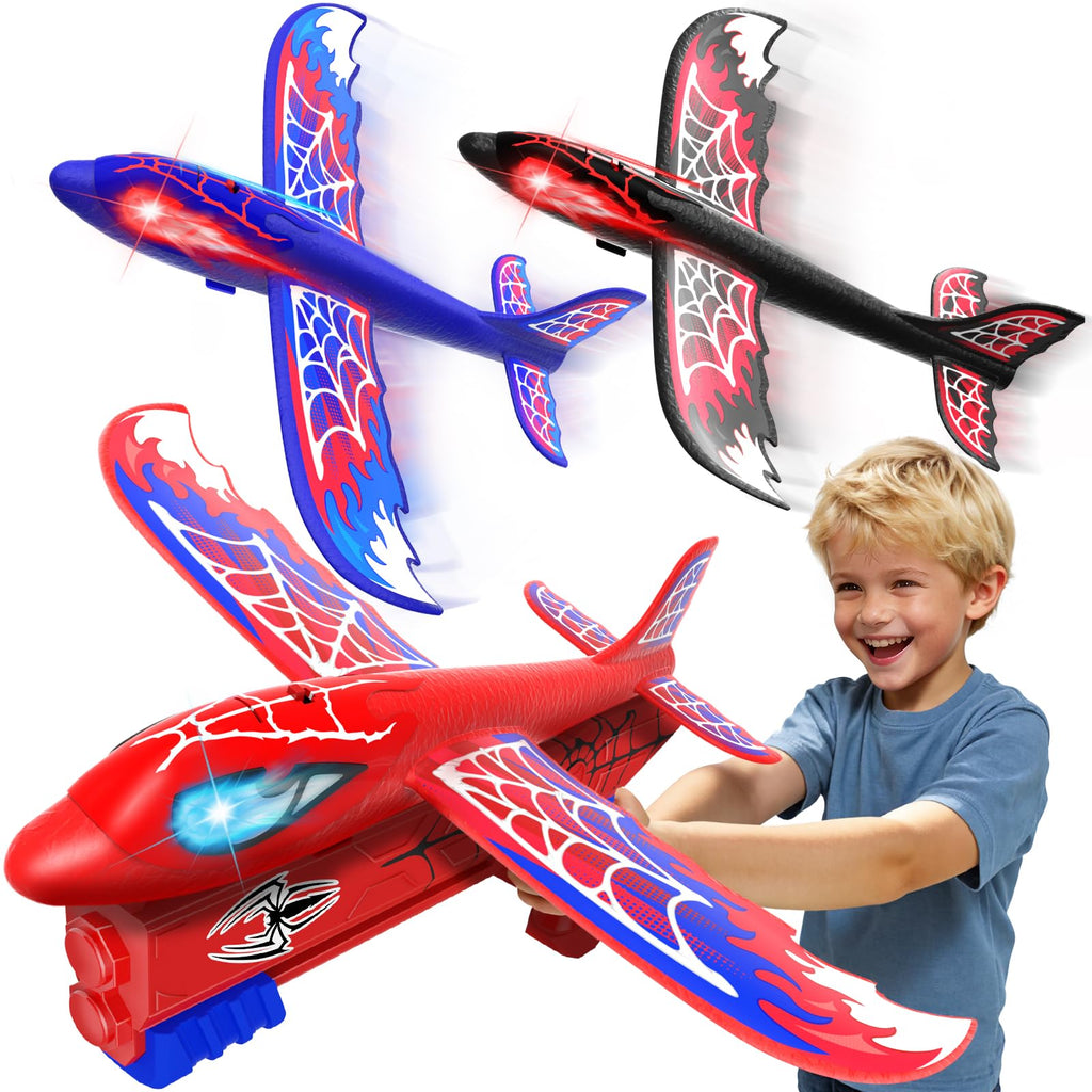 Cool Airplane Launcher Toy with Glowing Eyes & Web-Pattern Wings,2 Flight Modes Outdoor Games for Kids,Boys Toys Age 3-12,Birthday Gifts for 3 4 5 6 7 8 9 10 11 12 Year Old,Kids Gift(Red&Blue&Black)