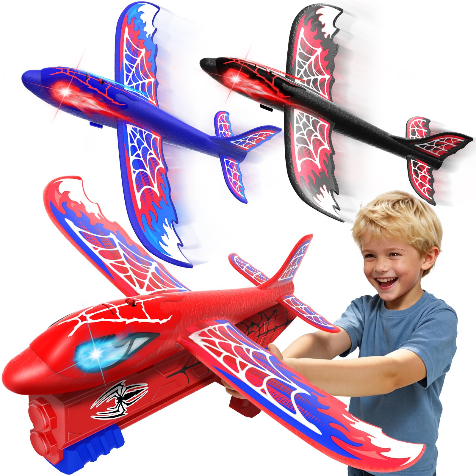 Cool Airplane Launcher Toy with Glowing Eyes & Web-Pattern Wings,2 Flight Modes Outdoor Games for Kids,Boys Toys Age 3-12,Birthday Gifts for 3 4 5 6 7 8 9 10 11 12 Year Old,Kids Gift(Red&Blue&Black)