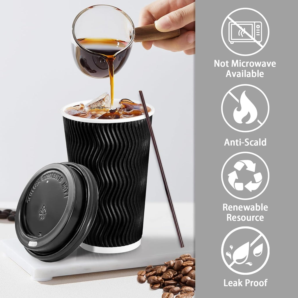 Lamosi 16 oz Disposable Coffee Cups with Lids, 50 Pack Insulated Hot Cups To Go Paper Coffee Cups with Lids and Straws, Corrugated Ripple Wall Cup for Hot Drink, Office, Coffee Bar (Black)