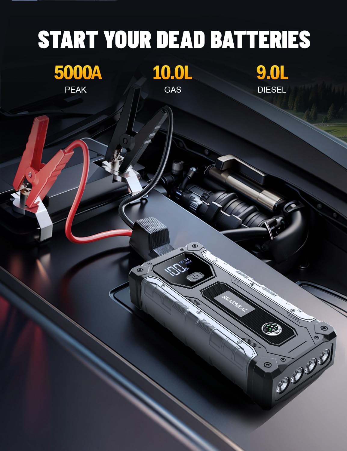 Sharmeal Car Jump Starter 3000A, Jump Starter Battery Pack for 9.0L Gas and 7.0L Diesel, 12V Portable Jump Box with LED Light