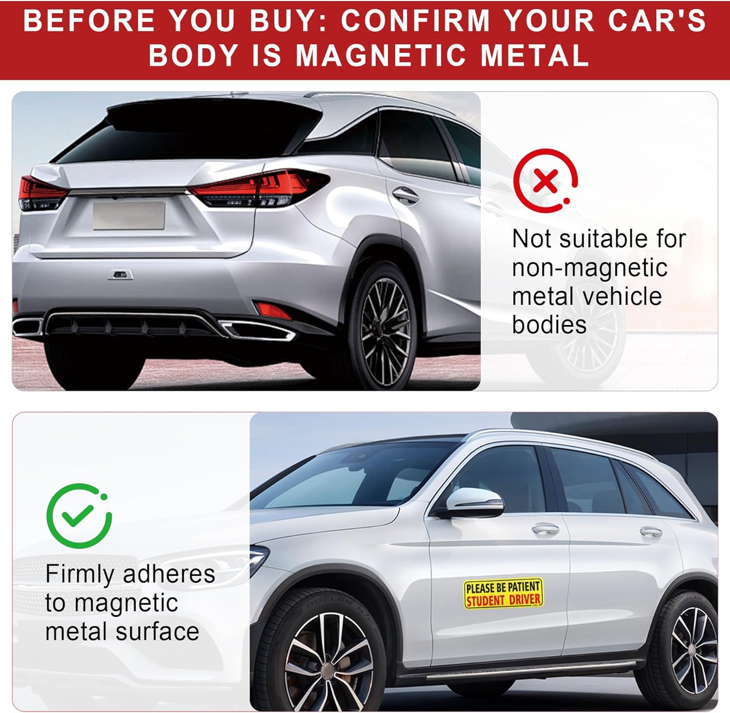 JUSTTOP 3pcs Student Driver Magnet for Car, Please Be Patient Student Driver, New Drivers Sticker Safety Warning, Magnetic Reflective Rookie Driver Bumper Sticker (Black&Red)
