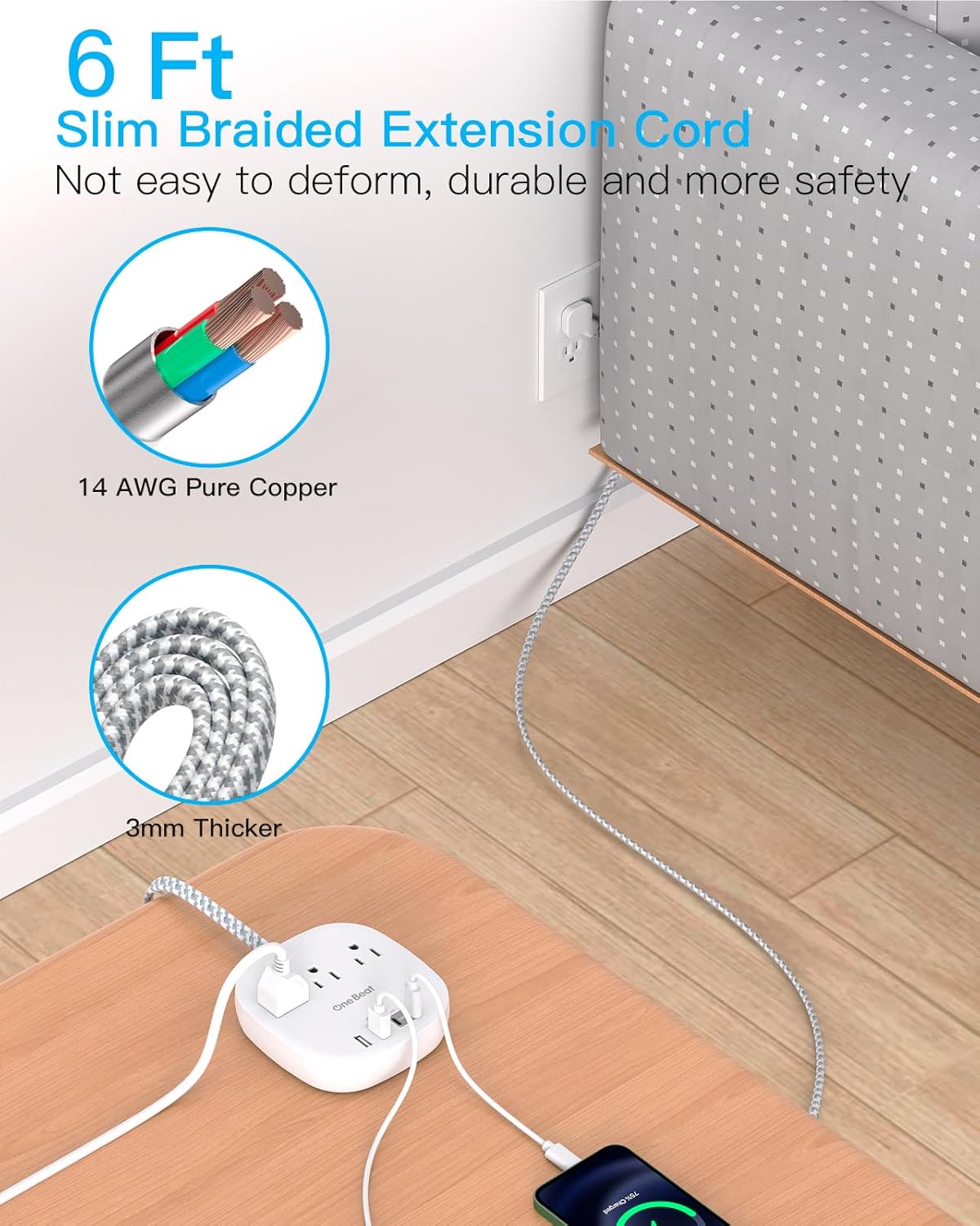 Flat Plug Power Strip, 6ft Ultra Flat Extension Cord - 3 Outlets 4 USB Ports (2 USB C) 22.5W/4.5A Desktop Charging Station, Power Strip No Surge Protection for Cruise Ship, Dorm Room Travel Essentials