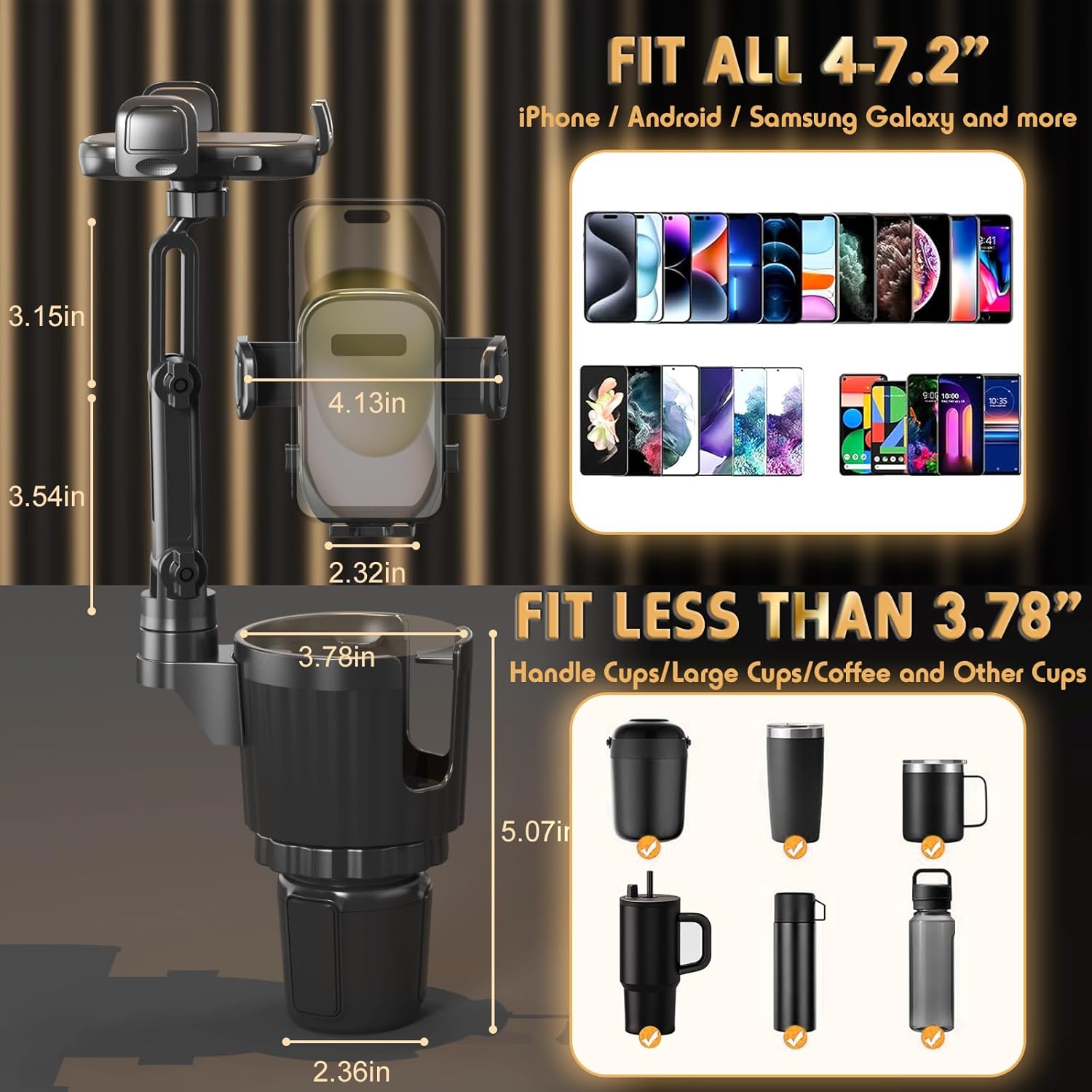 Phone Holders for Your Car, 2 in 1 Universal Cup Holder Expander Adjustable Base with Phone Mount, Long Arm with 360°Rotation Cup Holder Phones Mount for Car Compatible with All Smartphones