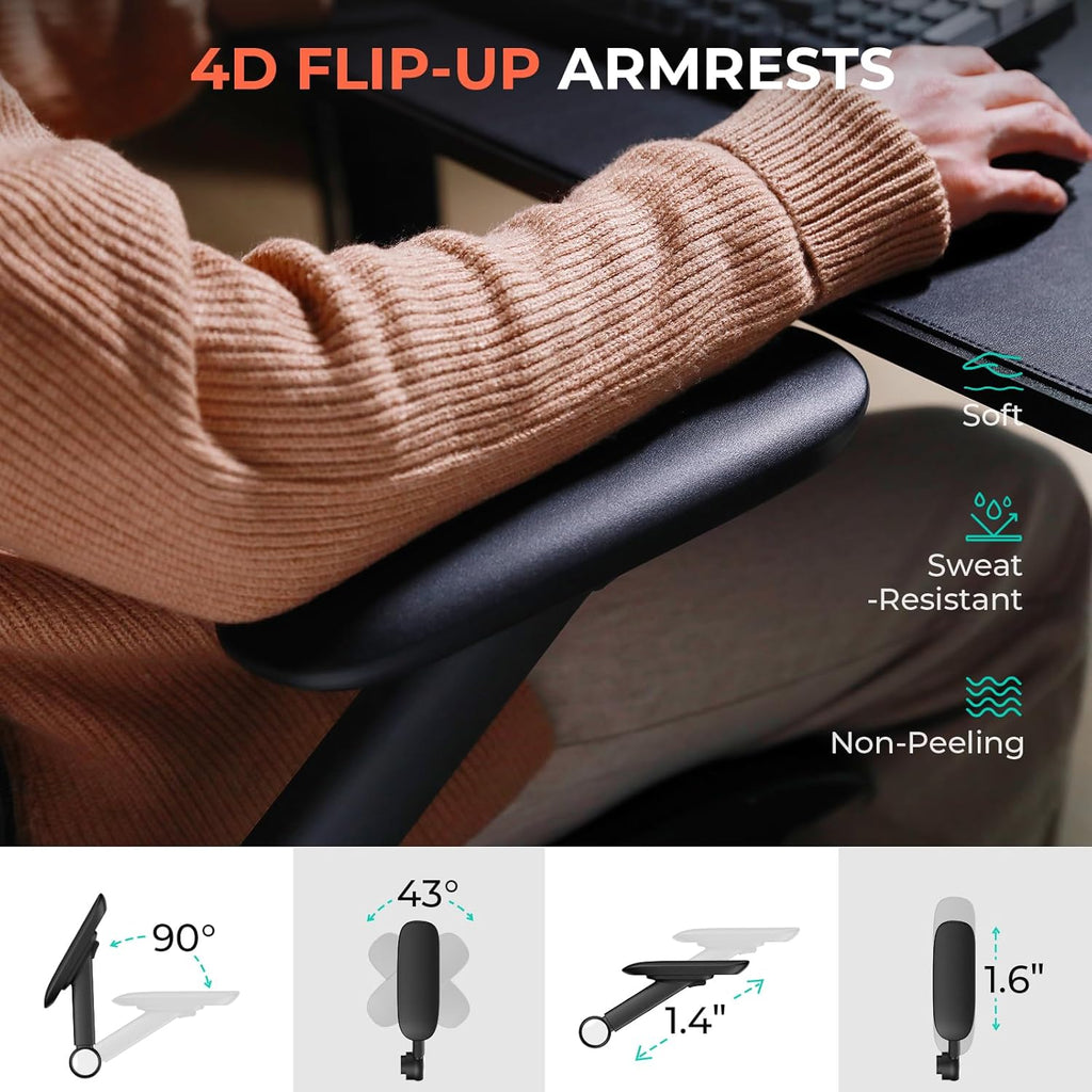 CAPOT Ergonomic Mesh Office Chair, Adjustable Lumbar High Back Desk Chair 400lbs, 4D Flip-up Arms, 3 Tilt Backrest, 3D Headrest, PU Wheels, Swivel Rolling Computer Chair for Long Desk Work - Black