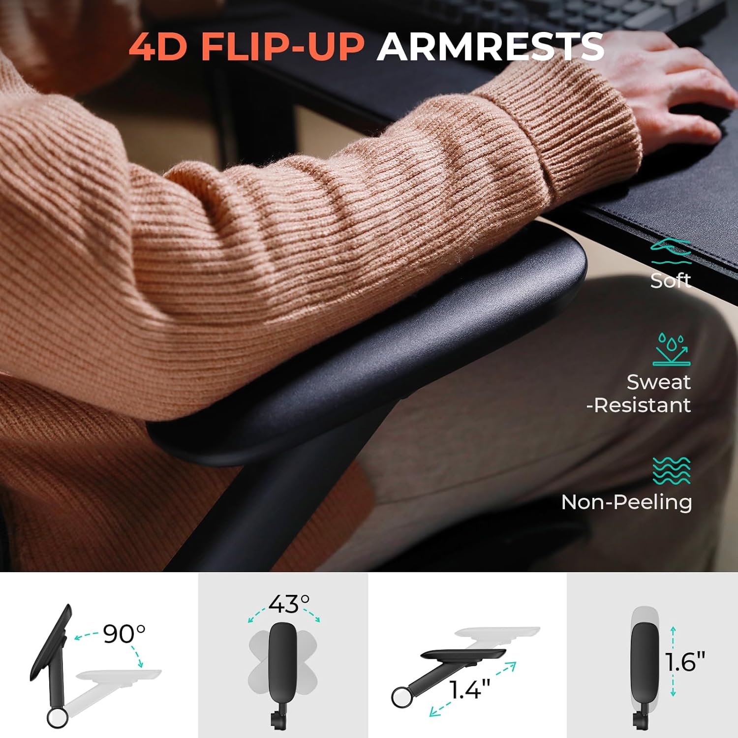 CAPOT Ergonomic Mesh Office Chair, Adjustable Lumbar High Back Desk Chair 400lbs, 4D Flip-up Arms, 3 Tilt Backrest, 3D Headrest, PU Wheels, Swivel Rolling Computer Chair for Long Desk Work - Black