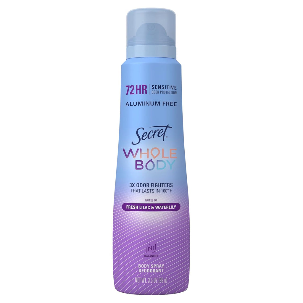 Secret Whole Body Deodorant Spray for Women, Lilac & Waterlily Scent, Aluminum Free Deodorant Spray, 72 HR Odor Protection, 3.5 oz