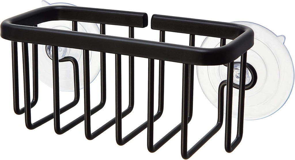 SunnyPoint NeverRust Kitchen & Bathroom Sink Caddy for Sponges, Scrubbers, Soap, 6" x 2.5" x 2.65", with Adhesive Mount - Additional Suction Cup Included –Aluminum (Black)