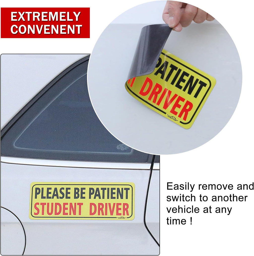 JUSTTOP 3pcs Student Driver Magnet for Car, Please Be Patient Student Driver, New Drivers Sticker Safety Warning, Magnetic Reflective Rookie Driver Bumper Sticker (Black&Red)