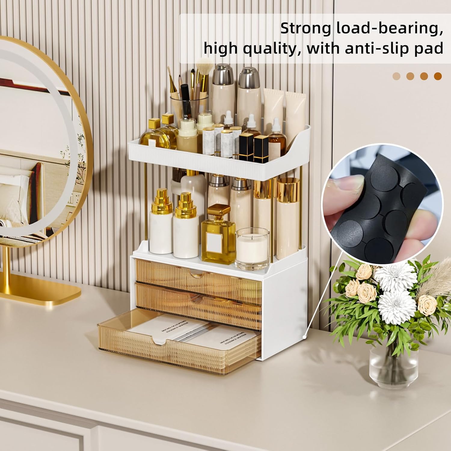 3 Drawers Makeup Organizer - 5 Tier Bathroom Counter Organizers and Storage, Versatile Perfume Vanity Organizer, Ideal for Cosmetic, Large Skincare, Face Mask, Office Supplies, Amber