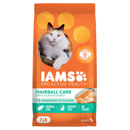 IAMS Proactive Health Dry Cat Food Hairball Care, Adult Cat Food, with Real Chicken and Salmon, 7 lb. Bag