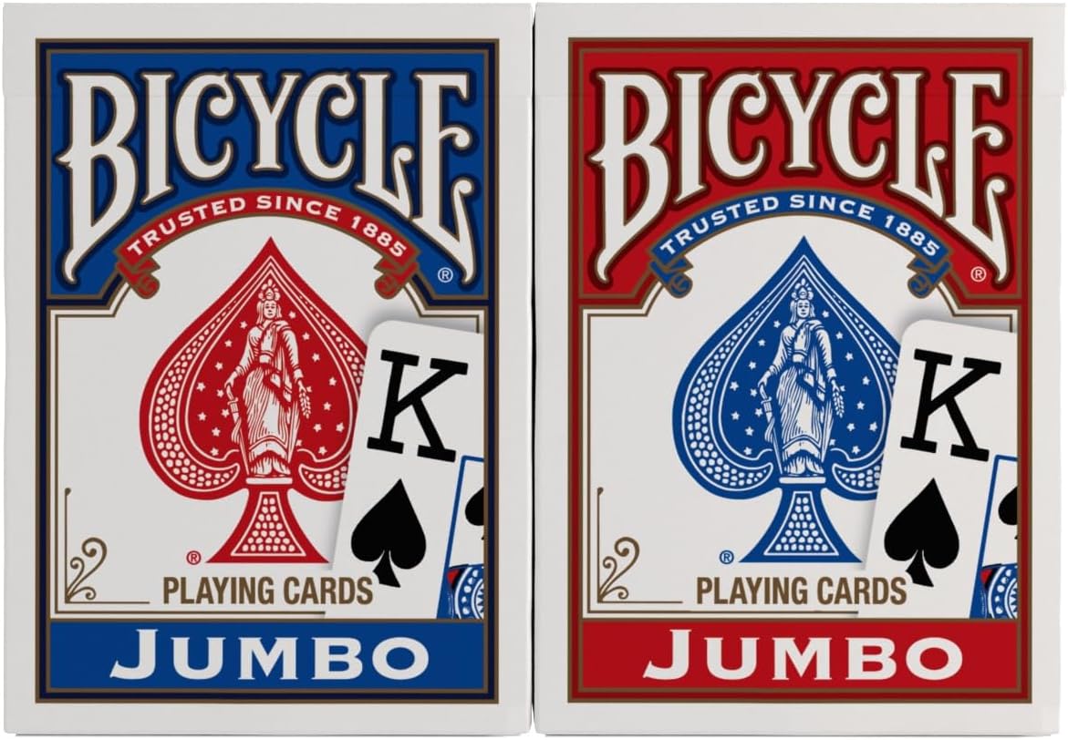 Bicycle Jumbo Index Playing Cards , 2 Pack Large Print Poker Size Deck of Cards for Easy Reading, Family Card Games, and Casino Play