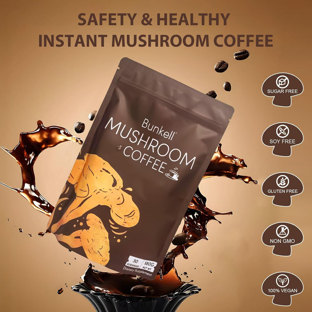 Mushroom Coffee, Adaptogenic 6 Mushrooms with Lion's Mane, Reishi, Cordyceps, Shiitake, King Trumpet & Turkey Tail, Instant Coffee Powder for Energy, Digestion & Immune Support, 30 Servings