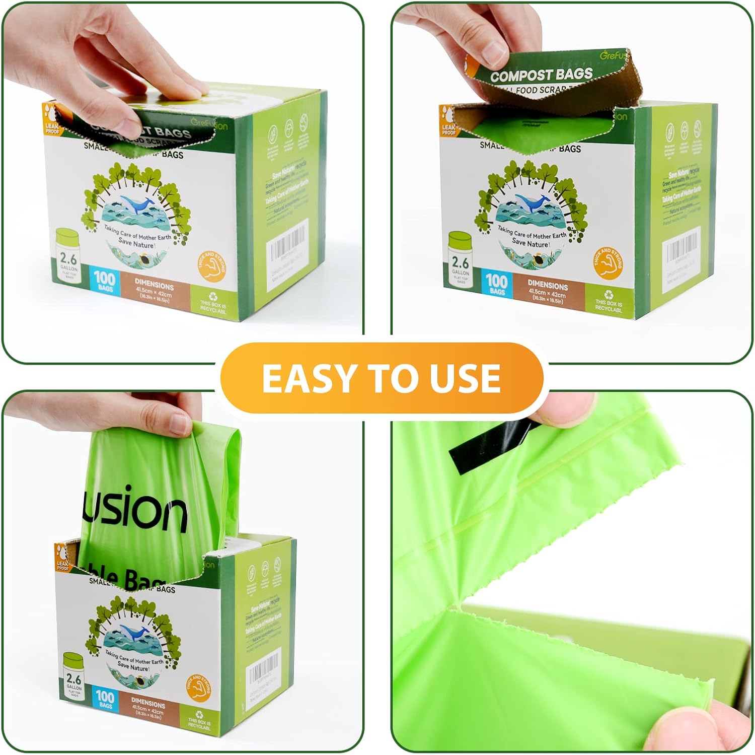 GreFusion Compostable Bags for Kitchen Compost Bin, 1.2 Gallon, 125 Count, Certified by BPI and ASTM, Leakproof and Odor Control