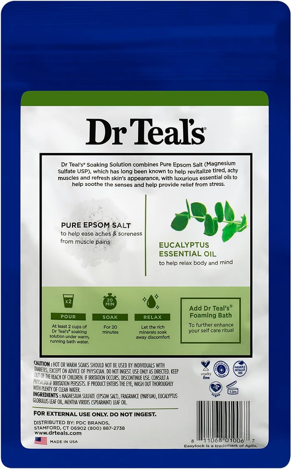 Dr Teal's Epsom Salt Magnesium Soak, Relax & Relief with Eucalyptus & Spearmint Essential Oils, 3 lbs