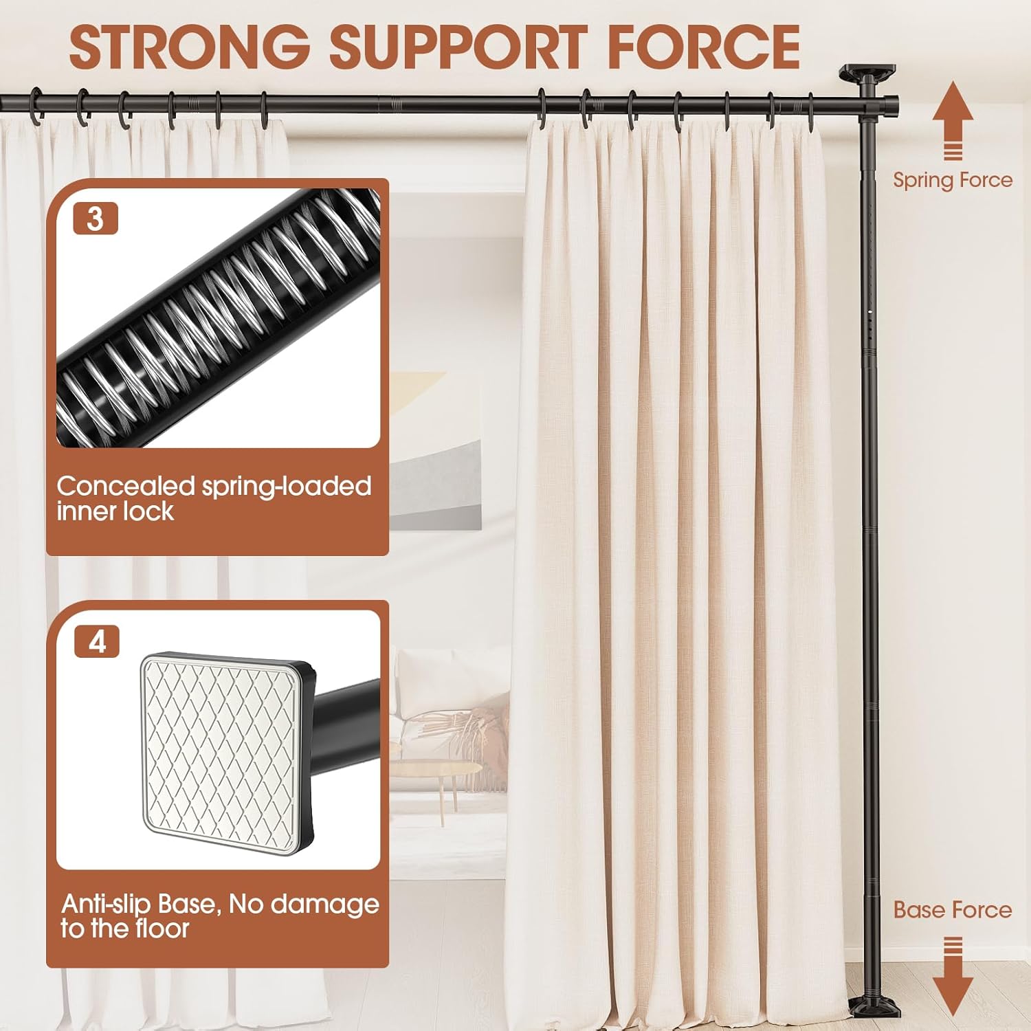 Room Divider Curtain Rod, No Drilling Room Separator for Space Partition Adjustable 4-10ft(H) 28-70inch(W) Heavy Duty Temporary Wall Divider Floor to Ceiling Tension Rod, Black