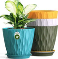 8 Inch Plant Pots 4 Pack Plastic Planters with Drainage & Saucers | 8 inch 4 pack plastic plant pots with 3D water ripple texture, drainage holes and saucers for indoor outdoor plants
