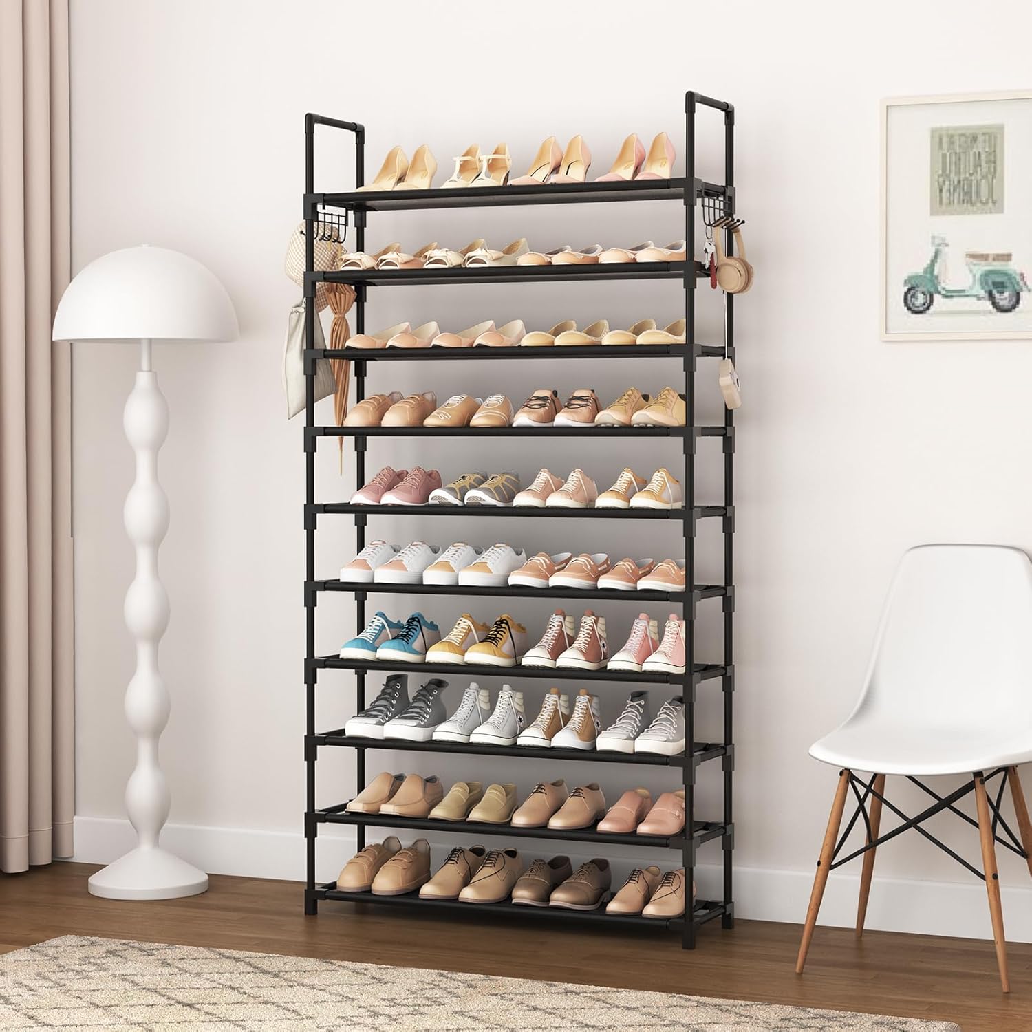 10-Tier Shoe Rack for Closet & Entryway – 50 Pair Large Capacity Shoe Organizer with Hooks & Anti-Fall Rails – Metal Frame Storage Shelf for Bedroom, Apartment, Hallway