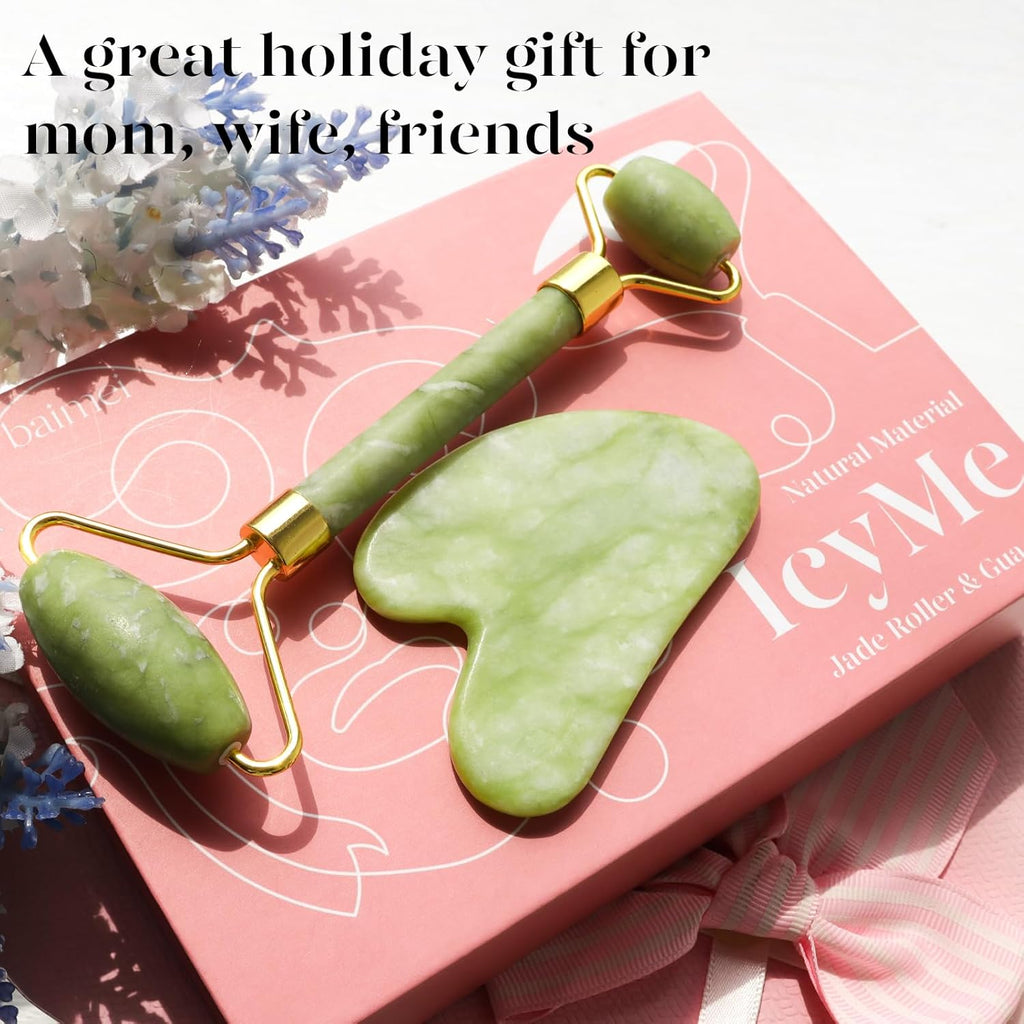 BAIMEI IcyMe Gua Sha & Jade Roller Facial Tools Face Roller and Gua Sha Set for Puffiness and Redness Reducing Skin Care Routine, Self Care Gift for Men Women - Green