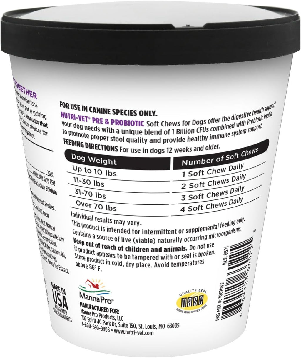 Nutri-Vet Pre & Probiotics for Dogs, Digestive Support, Upset Stomach, Puppy Probiotic, Pet Vitamins and Supplements, Dog Probiotics, Liver & Cheese Flavor, 120 Soft Chews