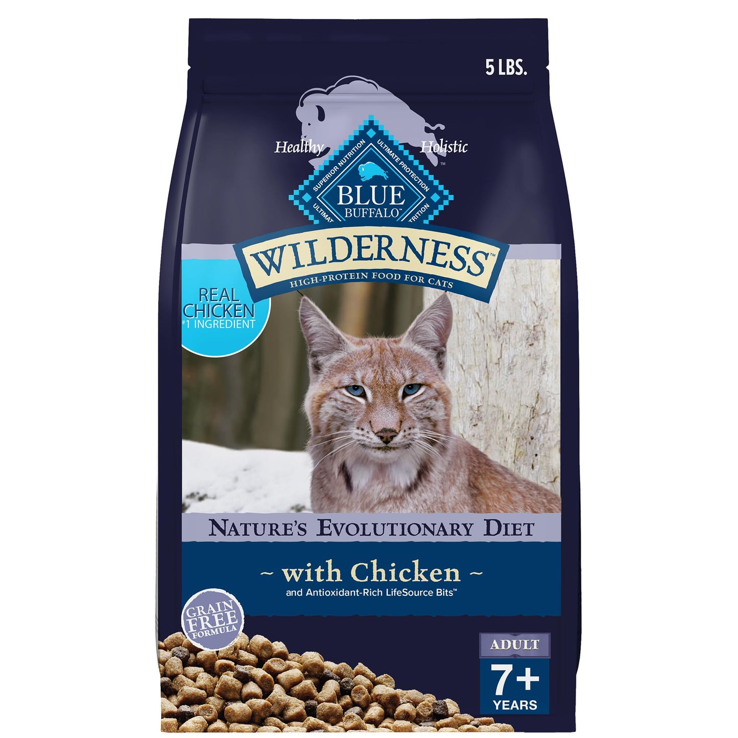 Blue Buffalo Wilderness Natural Mature Dry Cat Food for Cats 7+ Years, High-Protein and Grain-Free Diet, Supports Immune System Health and Energy to Stay Active, Chicken, 5-lb. Bag