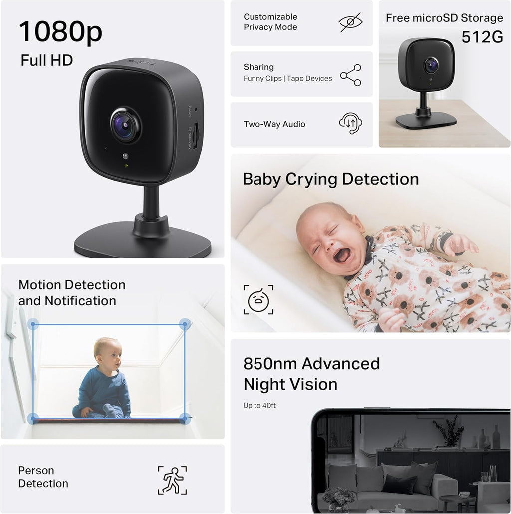 Tapo 1080P Indoor Security Camera for Baby Monitor, Pet Camera w/Motion Detection, 2-Way Audio, Night Vision, Cloud & SD Card Storage, Works w/Alexa & Google Home, Plug-in, C101