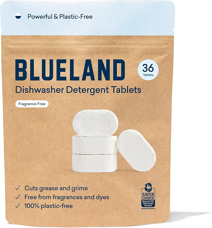BLUELAND 100% Plastic-Free Dishwasher Detergent Tablets, 36 Count, Free & Clear, Eco-Friendly Dishwashing Pods, Natural, USDA Certified biobased