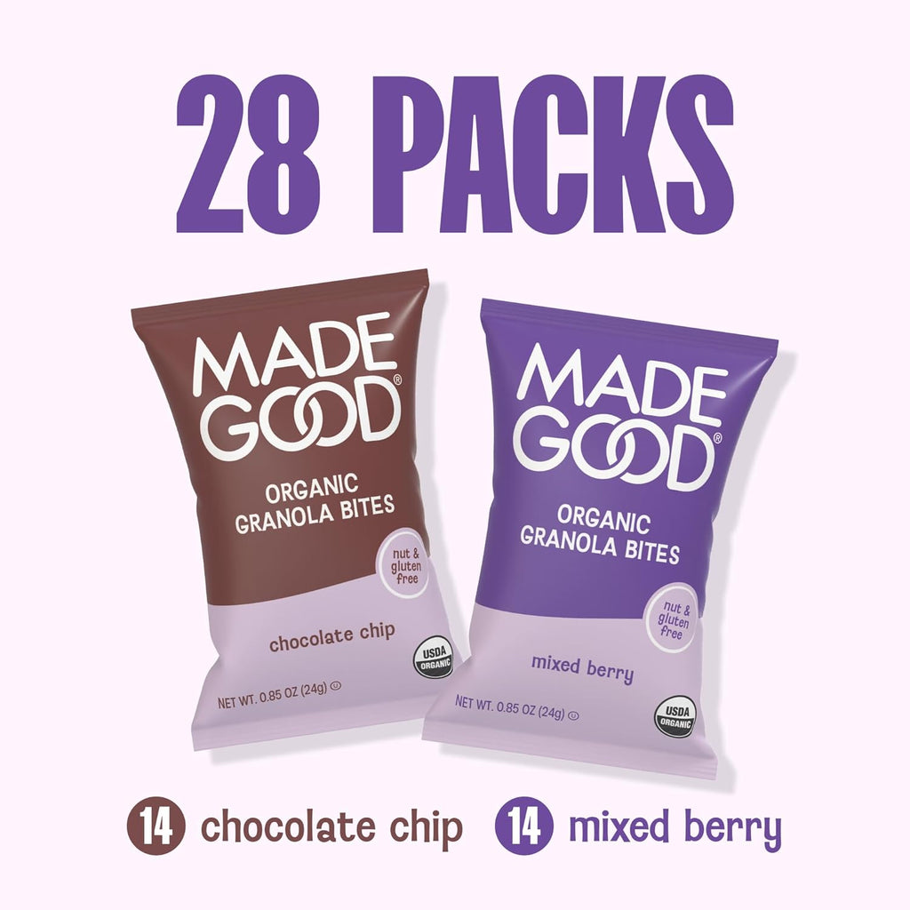 MadeGood Granola Bites Chocolate Chip & Mixed Berry Variety Pack (28 Count) Gluten Free and Organic Snacks