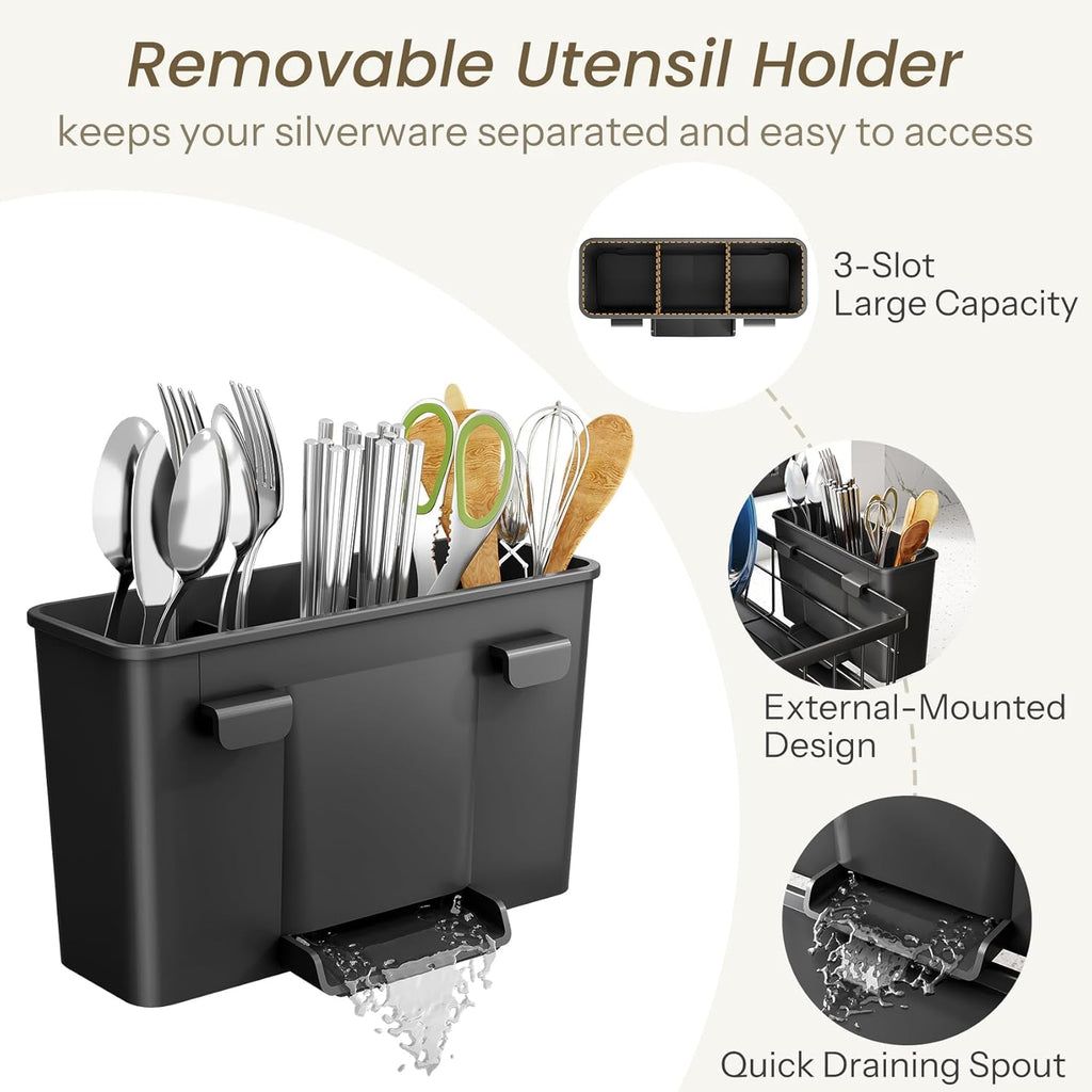 SNTD Dish Drying Rack - Small Dish Rack for Kitchen Counter, Stainless Steel Dish Drainer with Utensil Holder and Drainboard, 11" W x 15" L (Black)