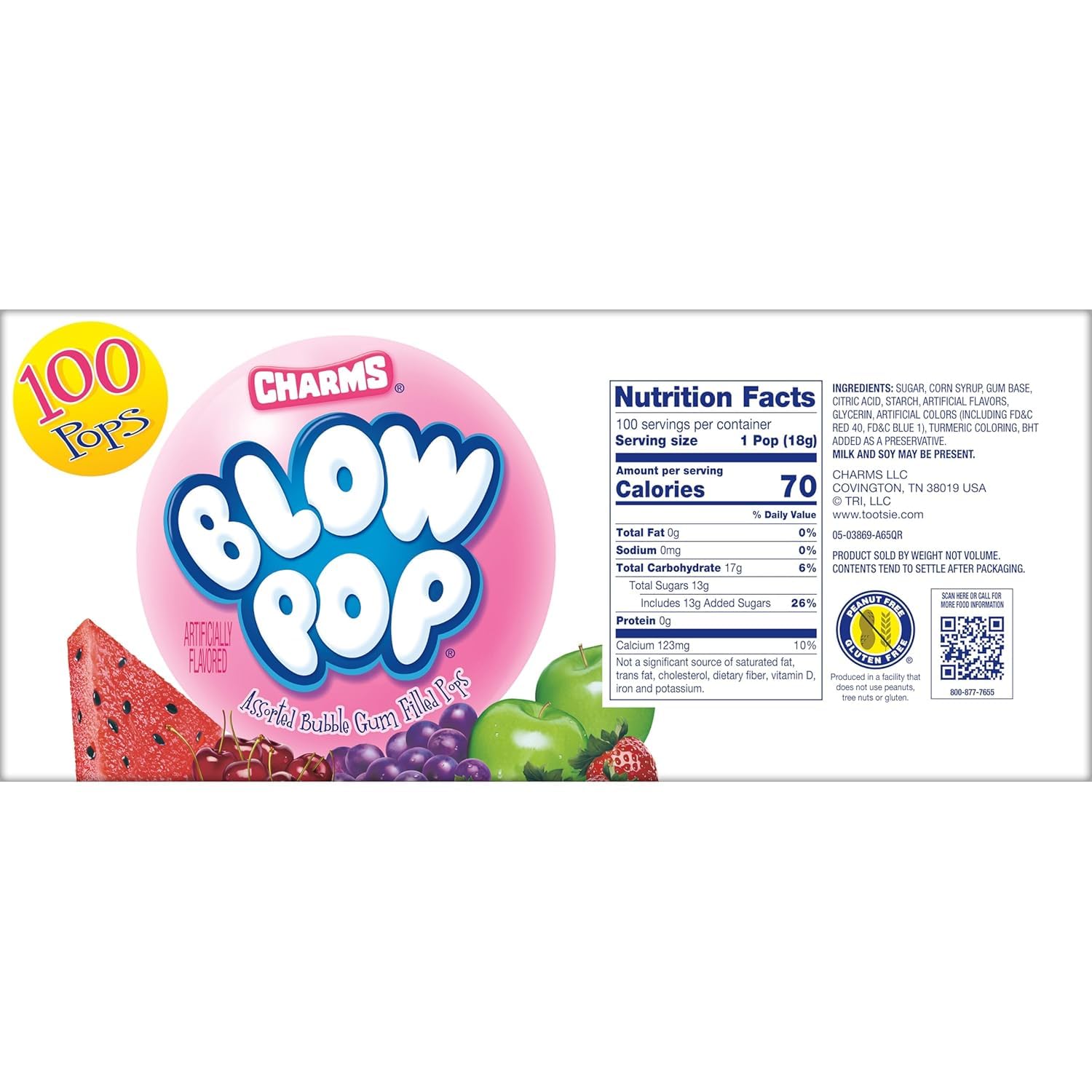 Charms Blow Pop Lollipops - Individually Wrapped Dual Candy and Gum Suckers - Peanut Free, Gluten Free - Bulk Treat for Kids and Adults - Assorted Flavors, 100 Count (4 lb 1 oz.)