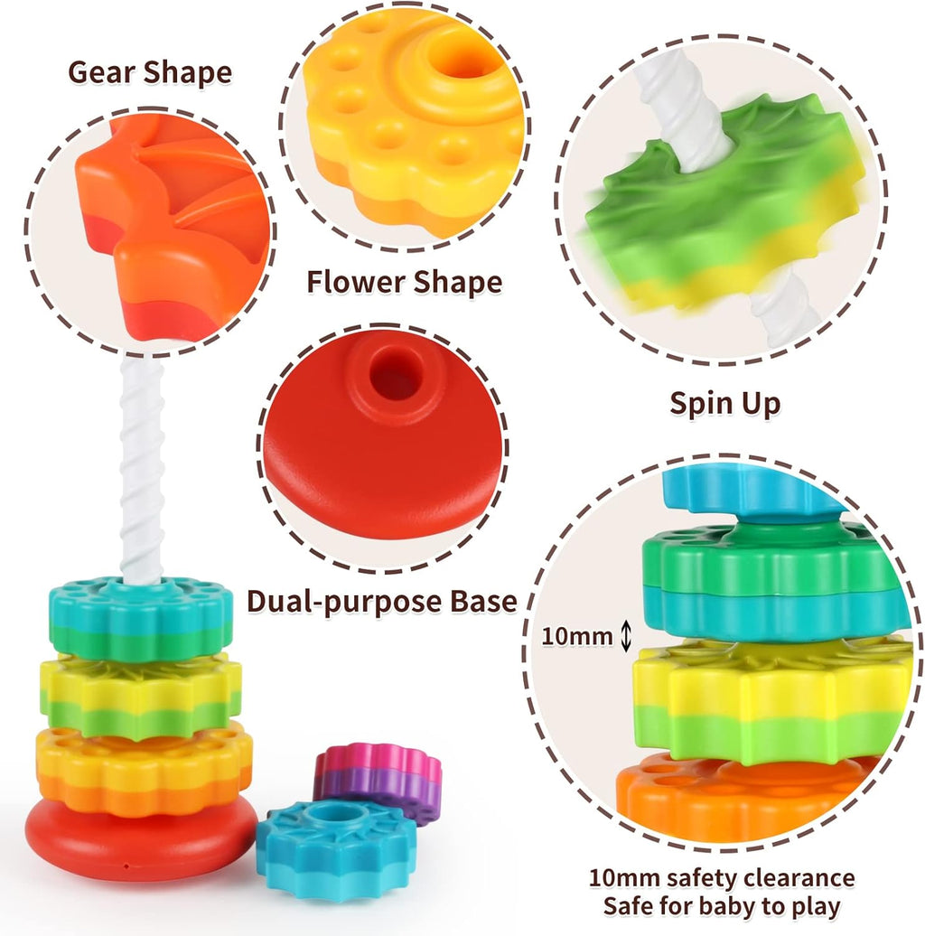 Baby Spinning Stacking Toys for Toddlers 1-3, Rainbow Ring Stacker Montessori Toys for Babies 6-12 Months, 1 2 3 One Year Old Girl Boy Birthday Gifts, Autism Sensory Learning Toy