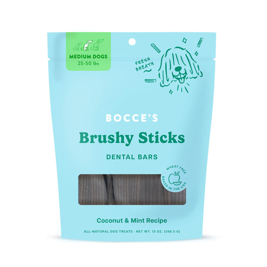 Bocce's Bakery Dailies Brushy Sticks to Support Oral Health & Fresh Breath, Wheat-Free Dental Bars for Dogs, Made with Real Ingredients, Baked in The USA, Natural Coconut & Mint, Medium Dogs