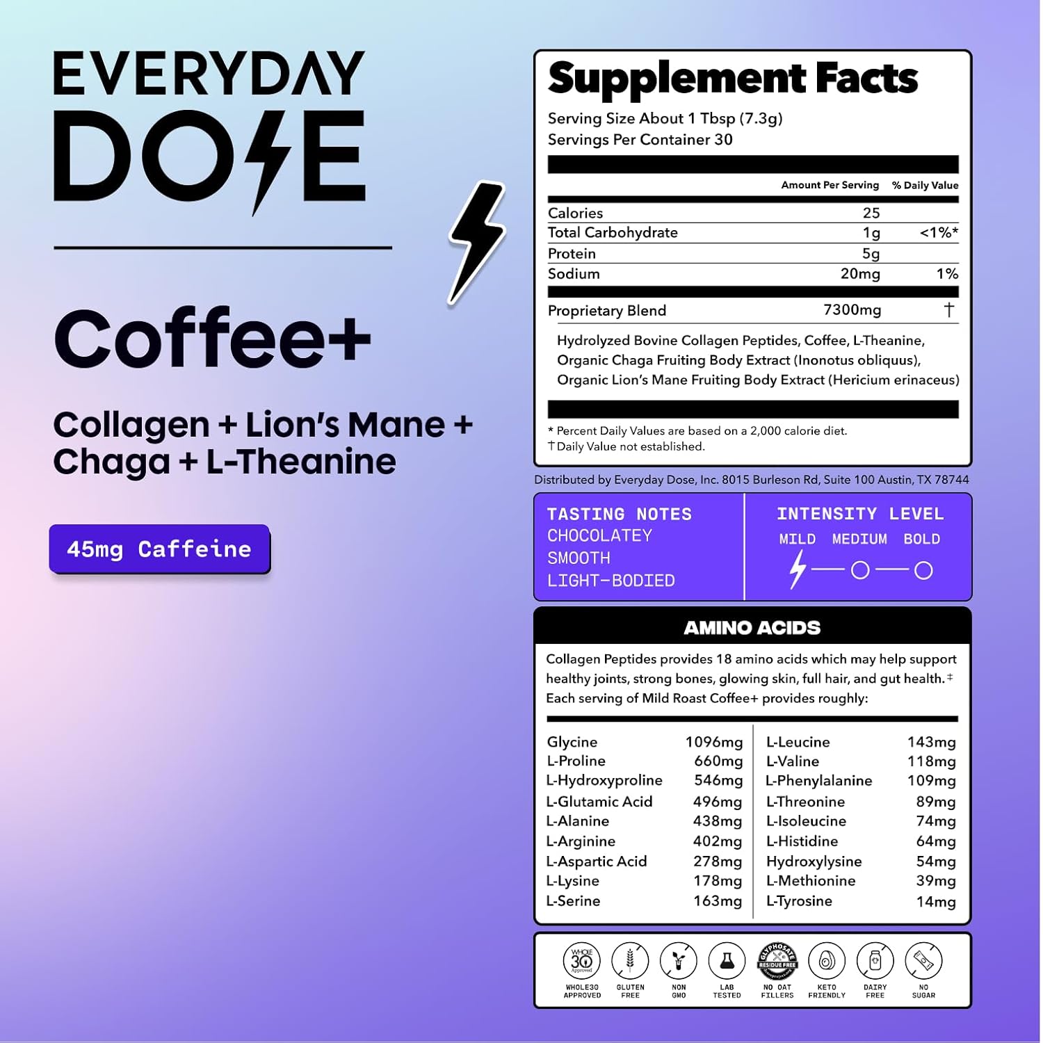 Everyday Dose Premium Adaptogenic Mushroom Coffee with Grass-Fed Collagen, Chaga, Lions Mane & L-Theanine for Better Focus, Energy, Digestion, Skin, and Immunity 30 Servings