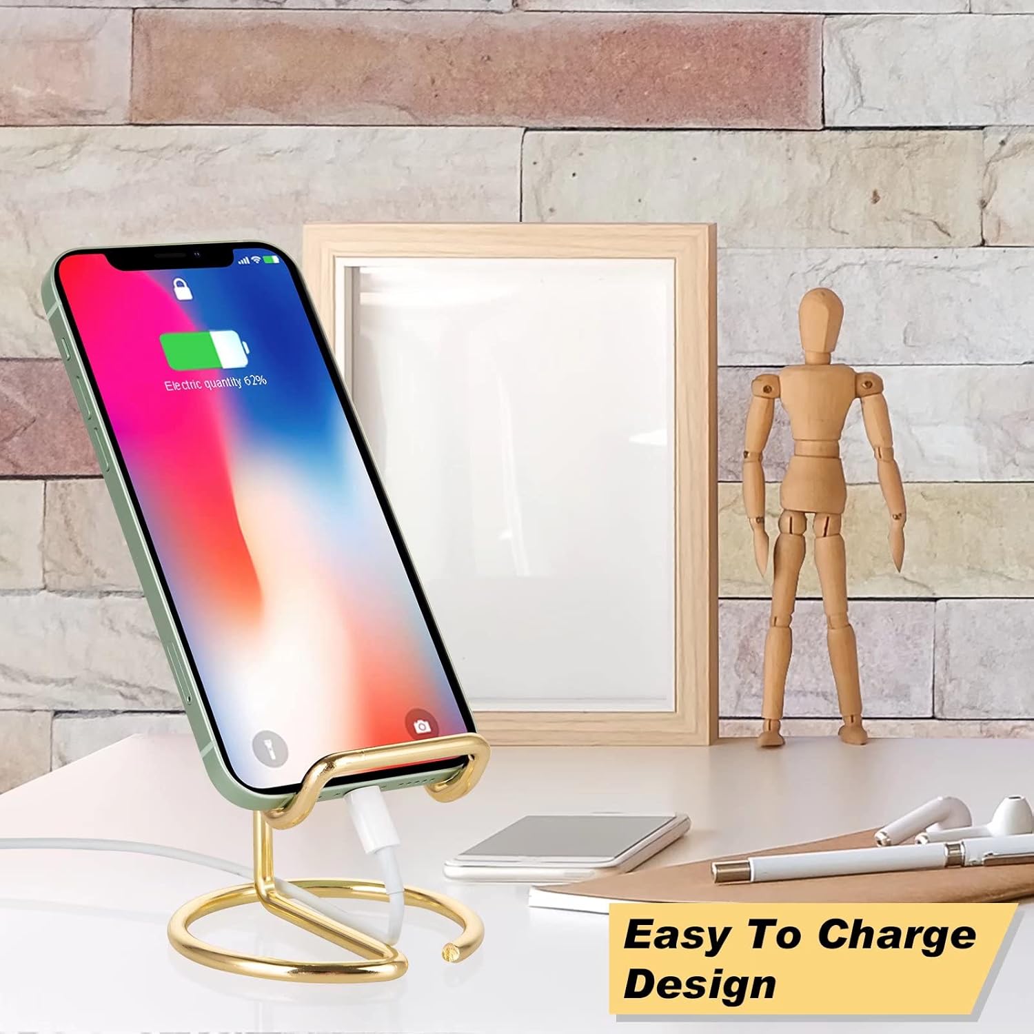 Cell Phone Stand for Desk, Cute Metal Gold Cell Phone Stand Holder Desk Accessories, Compatible with All Mobile Phones, iPhone, iPad