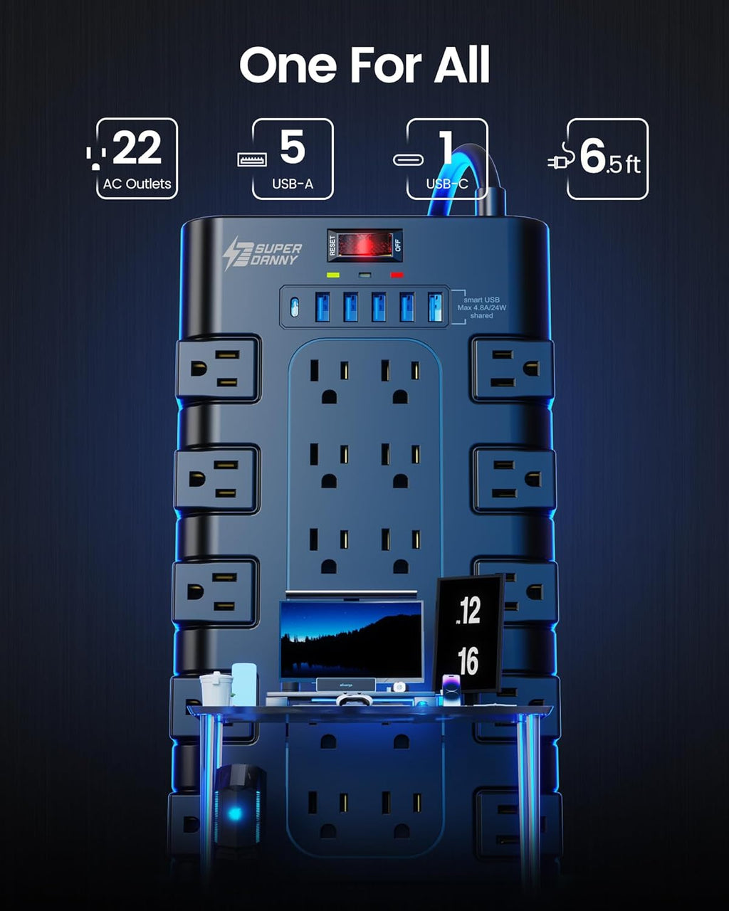 Power Strip, SUPERDANNY Surge Protector with 22 AC Outlets and 6 USB Charging Ports, 1875W/15A, 2100 Joules, 6.5Ft Flat Plug Heavy Duty Extension Cord for Home, Office, Dorm, Gaming Room, Black