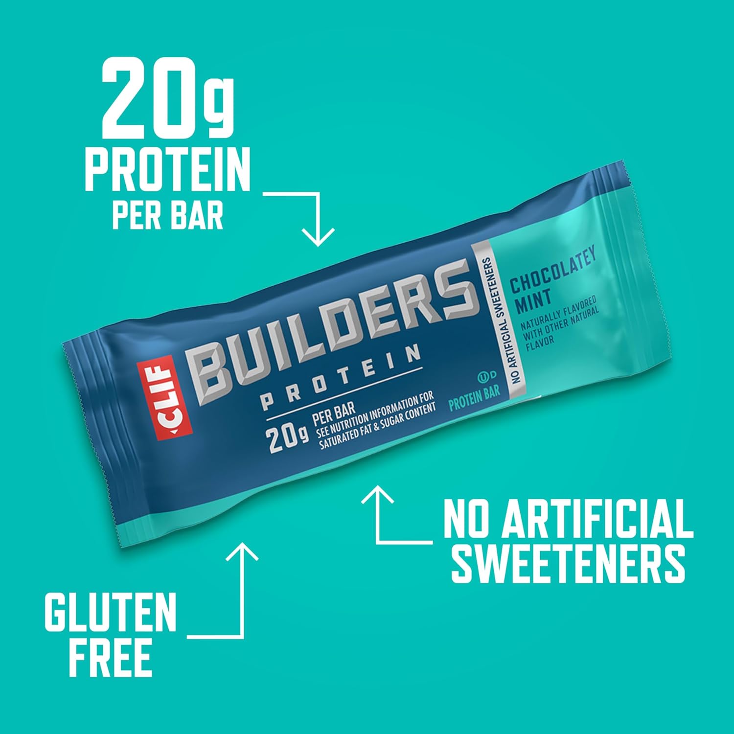 CLIF BUILDERS Protein Bars - Chocolatey Mint - 20g Plant Based Protein - Gluten Free - Non-GMO - Low Glycemic - No Artificial Sweeteners - 2.4 oz. (12 Pack)