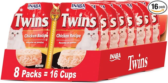 INABA Twins for Cats, Shredded Chicken & Broth Gelée Side Dish/Topper Cups with Green Tea Extract, 1.23 Ounces per Serving, 16 Servings, Chicken Recipe