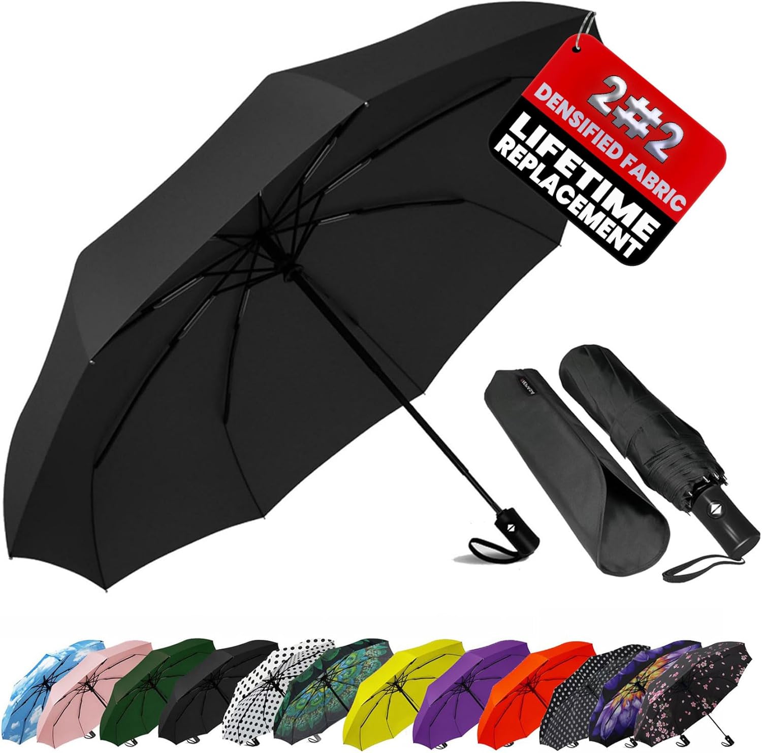 SIEPASA Compact Travel Umbrella - Windproof Auto Open/Close, Small Folding Umbrella for Rain - Lightweight & Durable with Fiberglass Frame, Waterproof Canopy - Fits Backpack, Purse, Suitcase. (Black)