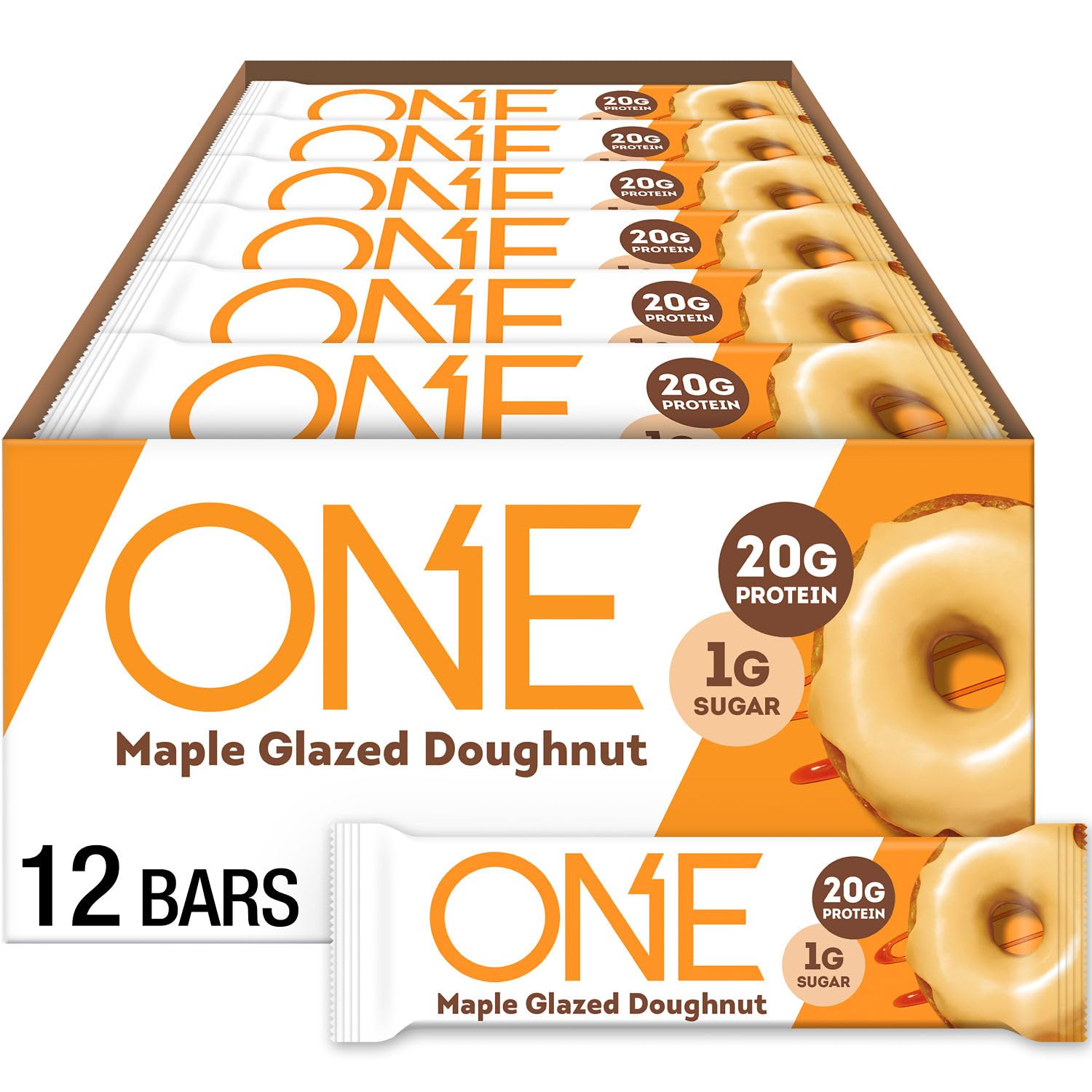 ONE Protein Bars, Maple Glazed Doughnut, Gluten Free with 20g Protein and 1g Sugar, Pantry Staples, 2.12 oz (12 Count)