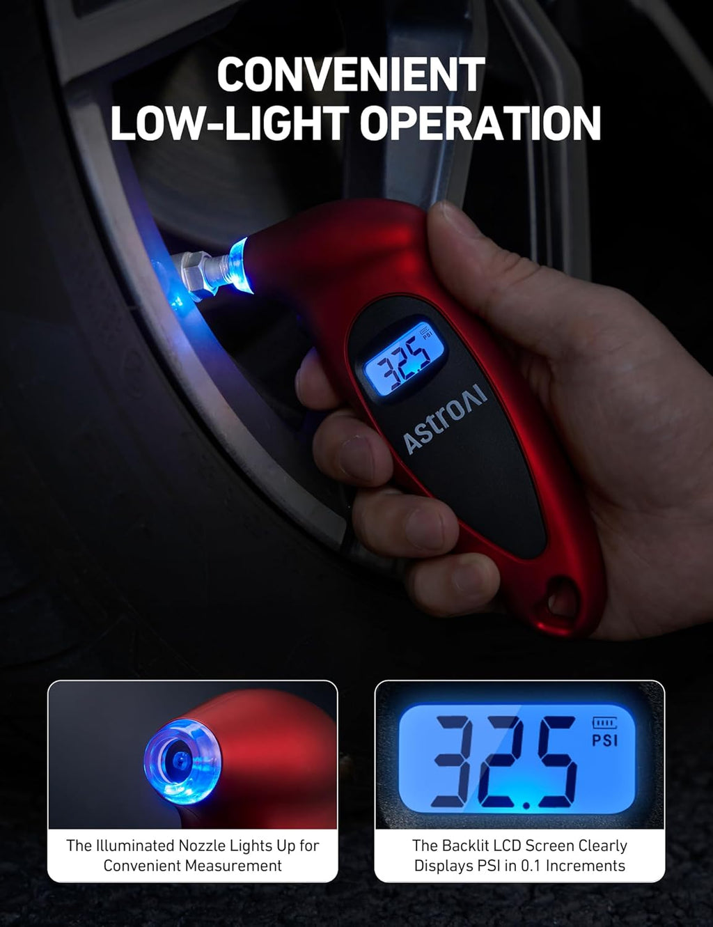 AstroAI Digital Tire Pressure Gauge 0-150PSI, Accurate in 0.1 Increments, Stocking Stuffers with Backlit LCD and Presta Valve Adaptor, 4 Units of Measurement for Car Truck Bicycle, Red